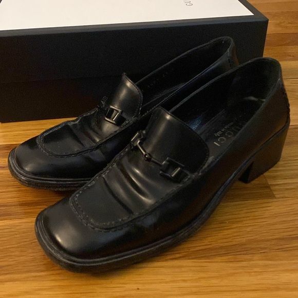 Gucci Women’s Black Horsebit Block Heel Loafers Size 37.5 - Picture 2 of 10
